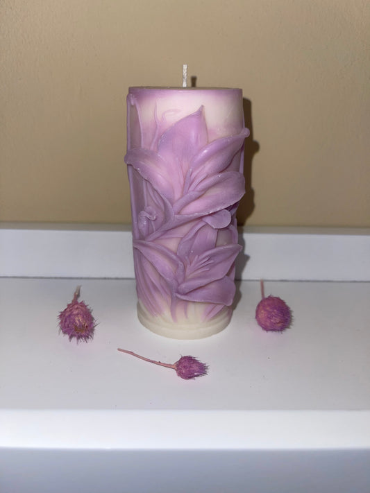 3D-Lilien Stumpenkerze – Bio-Rapswachs, lila